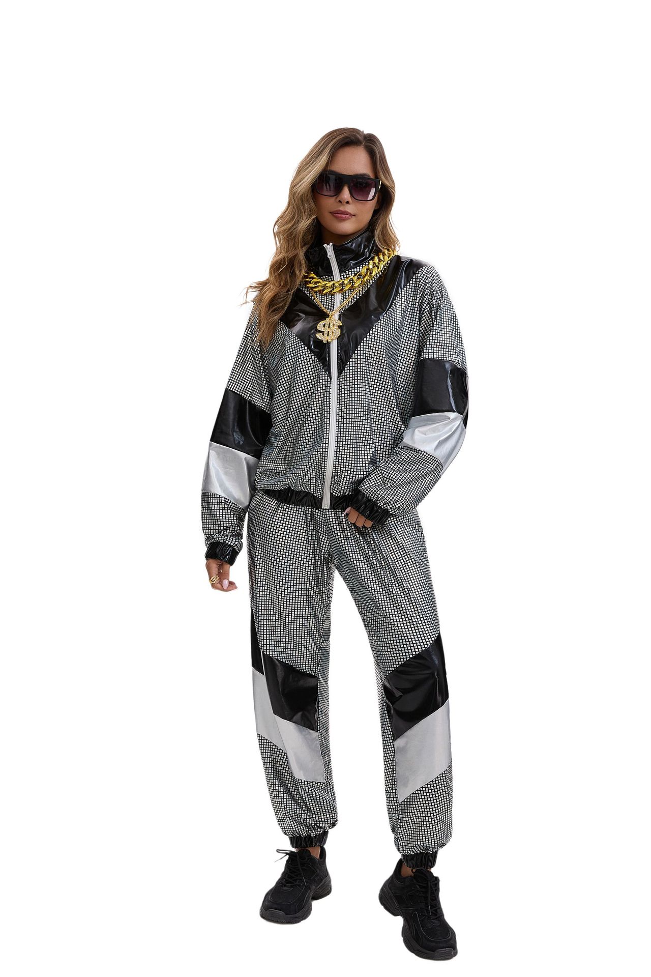 Womens Hip Hop Dance Costume Set 80s Disco Sportswear Two Piece Set Tracksuit